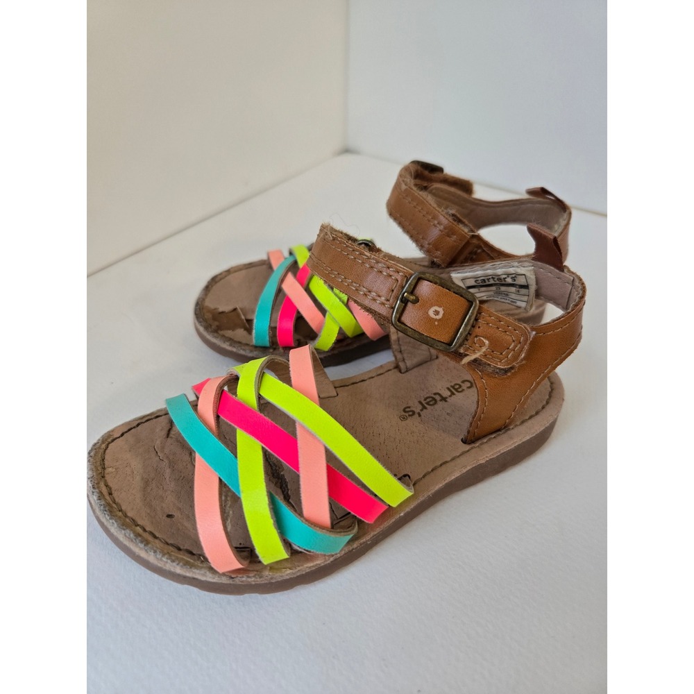 Carters Girls Multi Color Neon Strappy Sandals Brown Ankle Strap Size 7